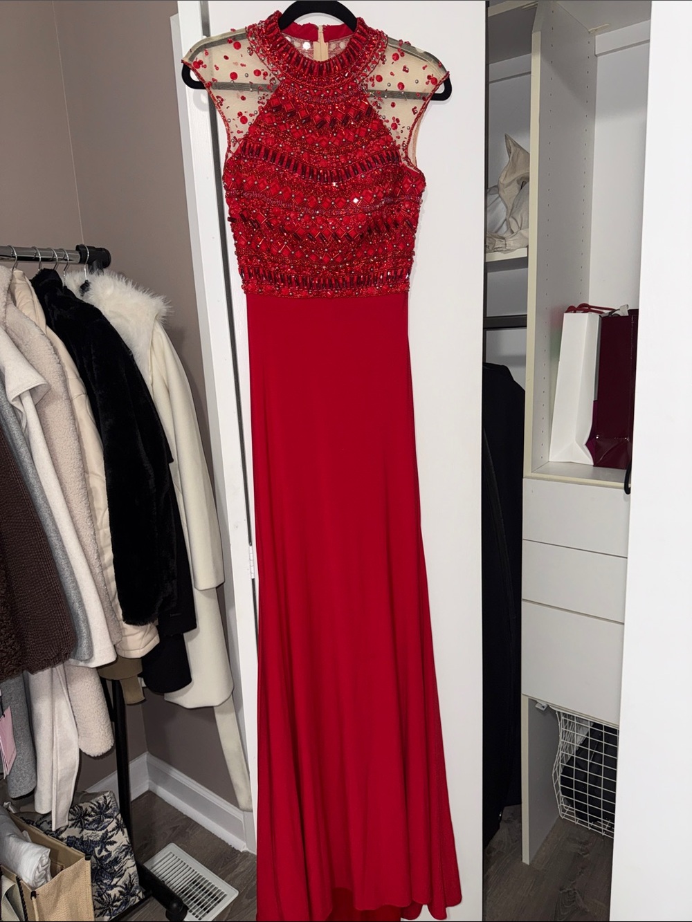Red Beaded High-Neck Prom Dress